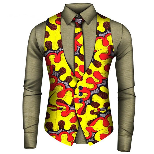 2024 New African Style Vest Men Africa Print Formal Business Casual Slim Vests Shirts Tie Set Men Prom Wedding Party Waistcoa - Free Delivery Worldwide only at Flexi Africa