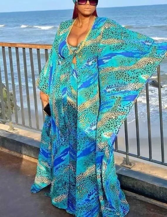 2PC Summer Chic: African Women's V-neck Polyester Printed - Top and Long Pants African Suit Flexi Africa www.flexiafrica.com