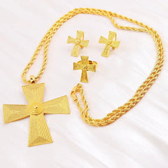 4PC Ethiopian Gold Cross Jewelry Set – Necklace, Earrings, Ring | African Party Accessories for Women & Girls - Free Delivery Worldwide only at Flexi Africa