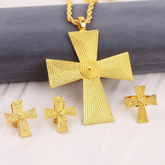 4PC Ethiopian Gold Cross Jewelry Set – Necklace, Earrings, Ring | African Party Accessories for Women & Girls - Free Delivery Worldwide only at Flexi Africa