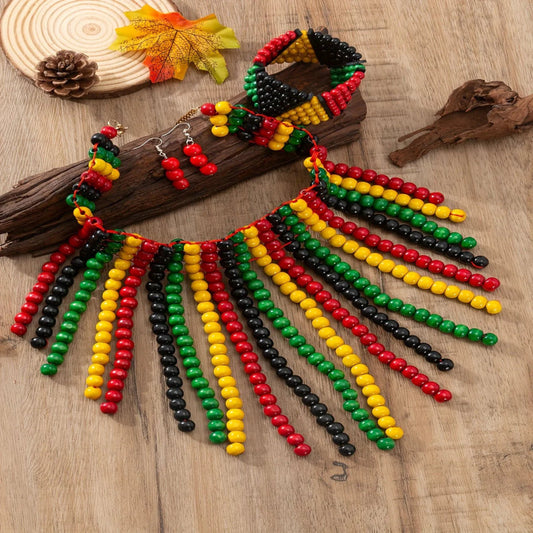 4PCS Earrings Necklace Plus Bracelet Boho Style Jewelry Set Colorful Wooden Beads Traditional Bridal Accessories - Free Delivery Worldwide only at Flexi Africa