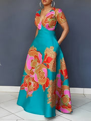 Women's Floral V-Neck A-Line Dress – Elegant Short Sleeve Flowy Dress for Spring & Summer