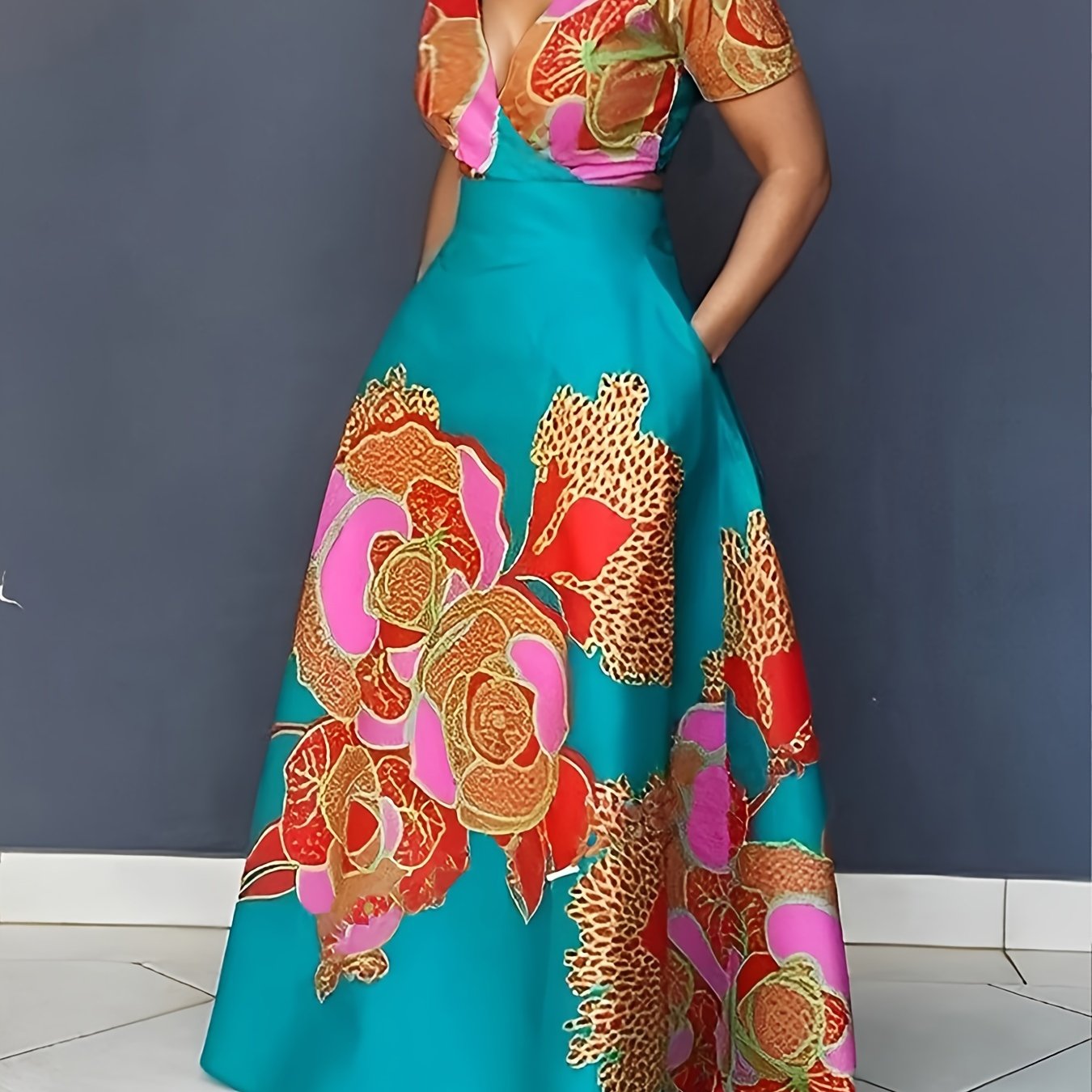 Women's Floral V-Neck A-Line Dress – Elegant Short Sleeve Flowy Dress for Spring & Summer
