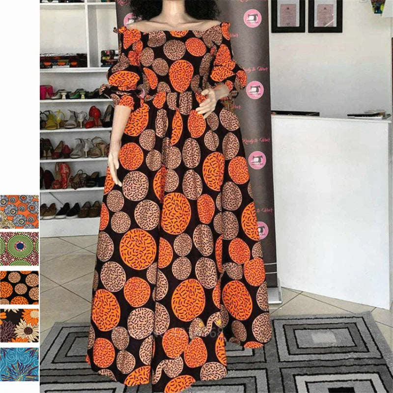 African National Print Party Dress Women Casual Sexy Slash - neck Lady Maxi Dress New Vintage Long - sleeved Loose Elegant Dresses - Free Delivery Worldwide only at Flexi Africa