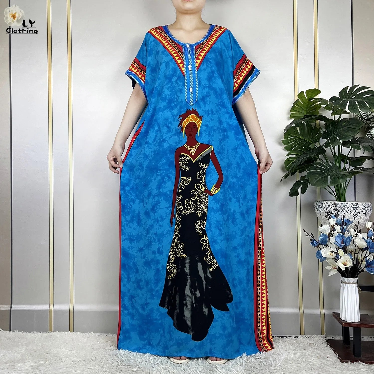 Elegant African Style Cotton Abaya Dress for Women with Patterned Print - Loose Fit Short Sleeve Muslim Rob