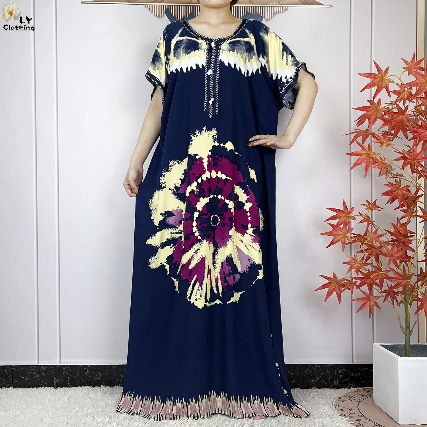 Elegant African Style Cotton Abaya Dress for Women with Patterned Print - Loose Fit Short Sleeve Muslim Rob