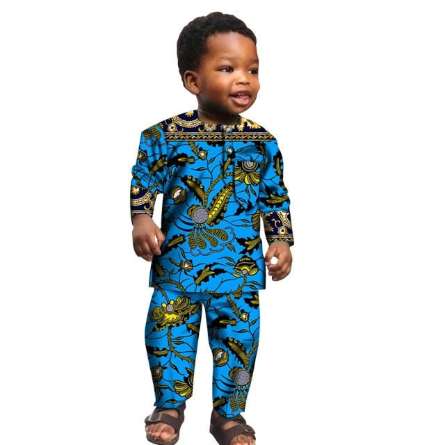 African Boys Cotton Clothes Wax Print Top and Pants Sets for Kids clothing - Flexi Africa offers Free Delivery Worldwide