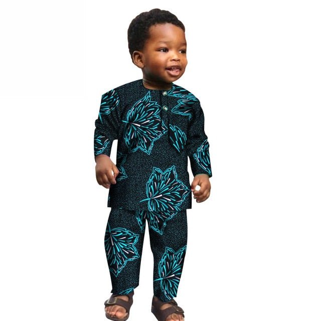 African Boys Cotton Clothes Wax Print Top and Pants Sets for Kids clothing - Flexi Africa offers Free Delivery Worldwide