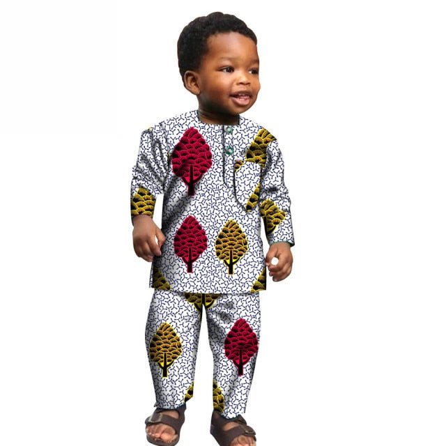 African Boys Cotton Clothes Wax Print Top and Pants Sets for Kids clothing - Flexi Africa offers Free Delivery Worldwide