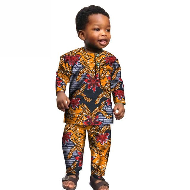 African Boys Cotton Clothes Wax Print Top and Pants Sets for Kids clothing - Flexi Africa offers Free Delivery Worldwide