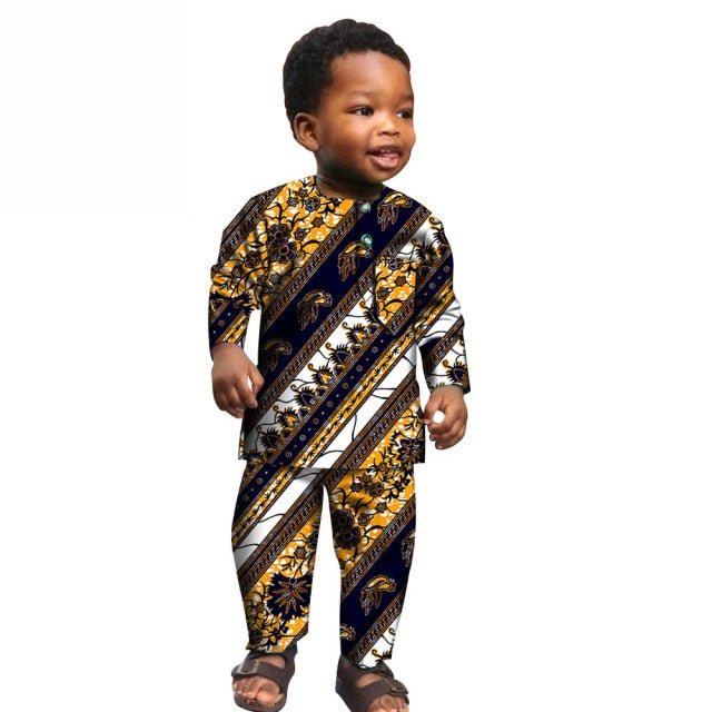 African Boys Cotton Clothes Wax Print Top and Pants Sets for Kids clothing - Flexi Africa offers Free Delivery Worldwide