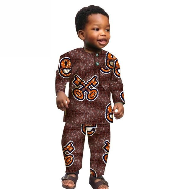 African Boys Cotton Clothes Wax Print Top and Pants Sets for Kids clothing - Flexi Africa offers Free Delivery Worldwide