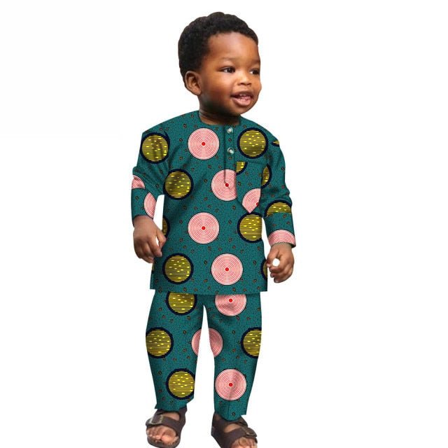 African Boys Cotton Clothes Wax Print Top and Pants Sets for Kids clothing - Flexi Africa offers Free Delivery Worldwide