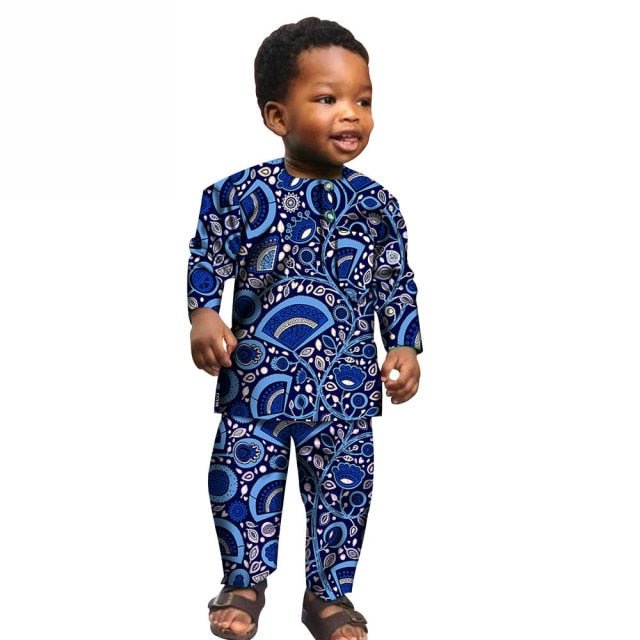 African Boys Cotton Clothes Wax Print Top and Pants Sets for Kids clothing - Flexi Africa offers Free Delivery Worldwide