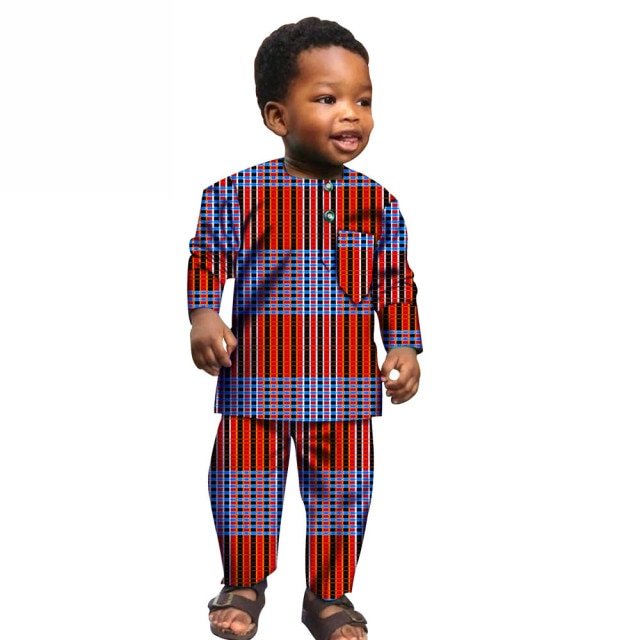 African Boys Cotton Clothes Wax Print Top and Pants Sets for Kids clothing - Flexi Africa offers Free Delivery Worldwide