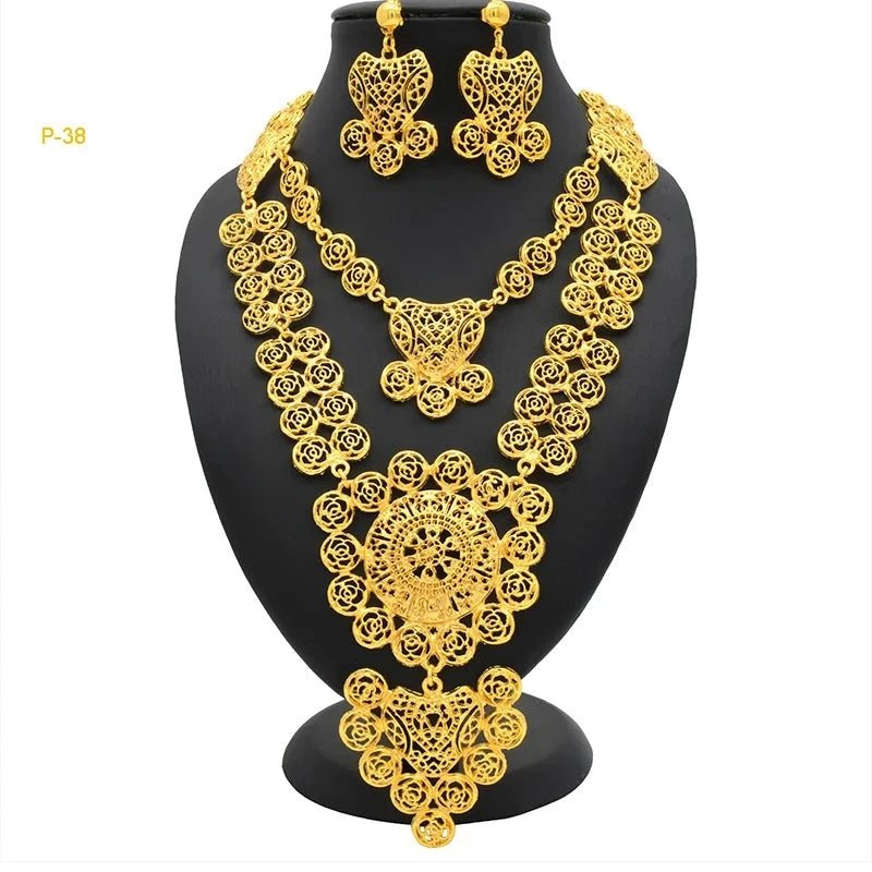 African Bridal Wedding Party Jewelry Set: Gold-Colored Necklace, Earrings, and Big Pendant Ensemble - Flexi Africa - Flexi Africa offers Free Delivery Worldwide - Vibrant African traditional clothing showcasing bold prints and intricate designs