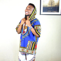 African Classic Dashiki with Pockets Mens Blue Printed Dashiki Hoodie - Free Delivery Worldwide only at Flexi Africa