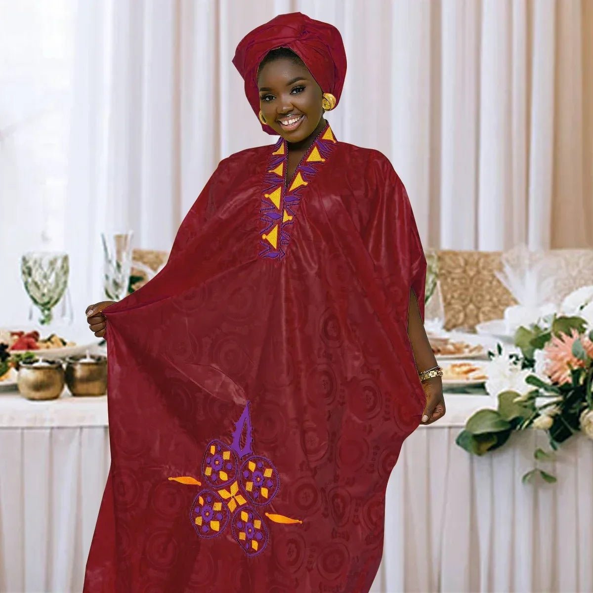 African Dress For Woman Bazin Riche Embroidery Design Floor Length Dress With Scarf - Free Delivery Worldwide only at Flexi Africa