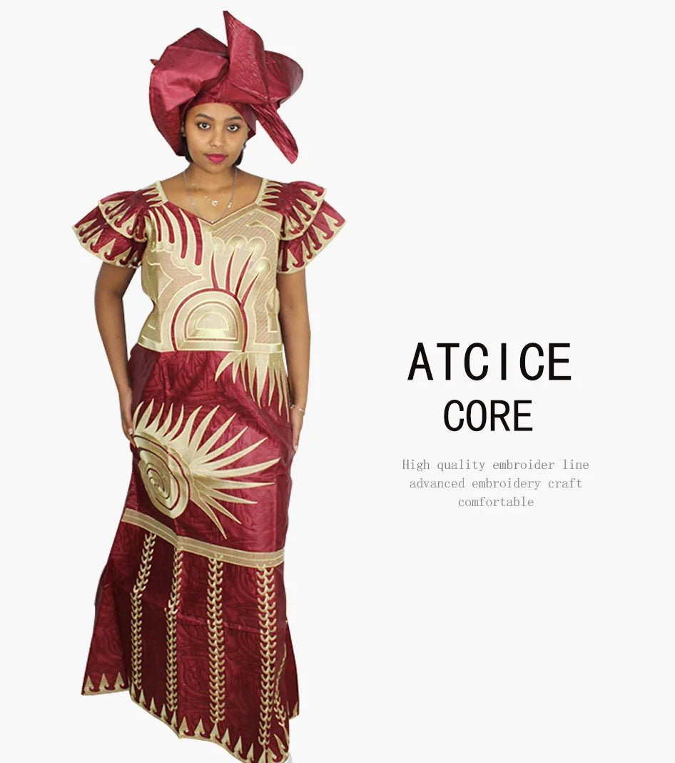 African Dresses for Women – Fashionable Long Dress with Embroidery Design & Matching Scarf - Free Delivery Worldwide only at Flexi Africa