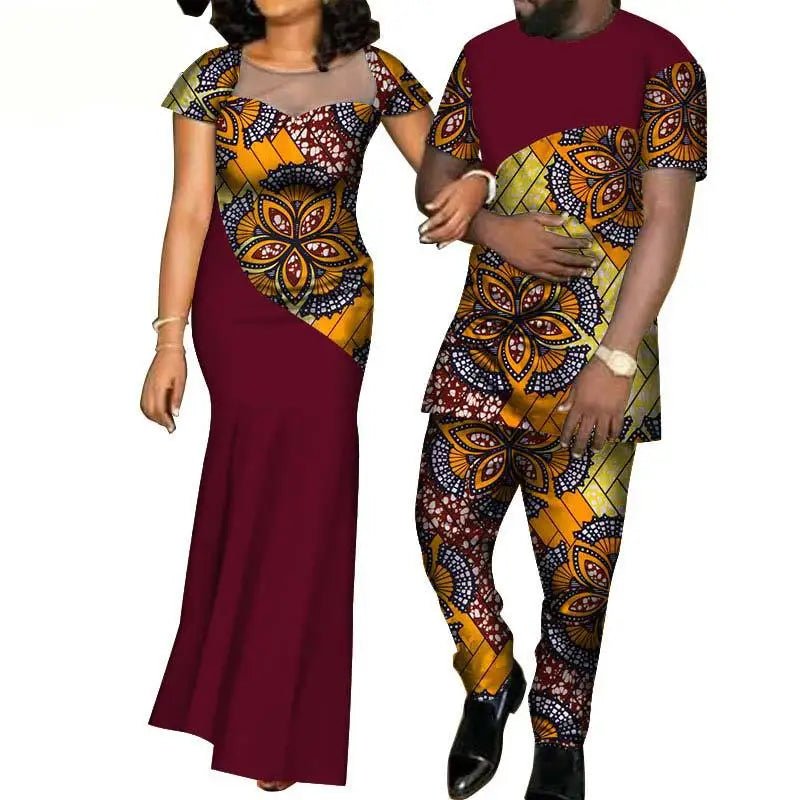 African Fashion Inspired Couples Ensemble: Women's Dress and Men's Suit Set - Flexi Africa - Flexi Africa offers Free Delivery Worldwide - Vibrant African traditional clothing showcasing bold prints and intricate designs