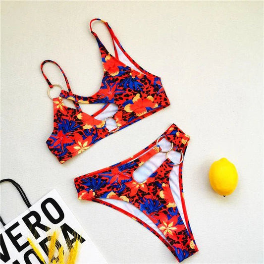 African - Inspired Floral Bikini: Sexy Cut - Outs and Chain Ring for a Bold Swimwear Look - Free Delivery Worldwide only at Flexi Africa