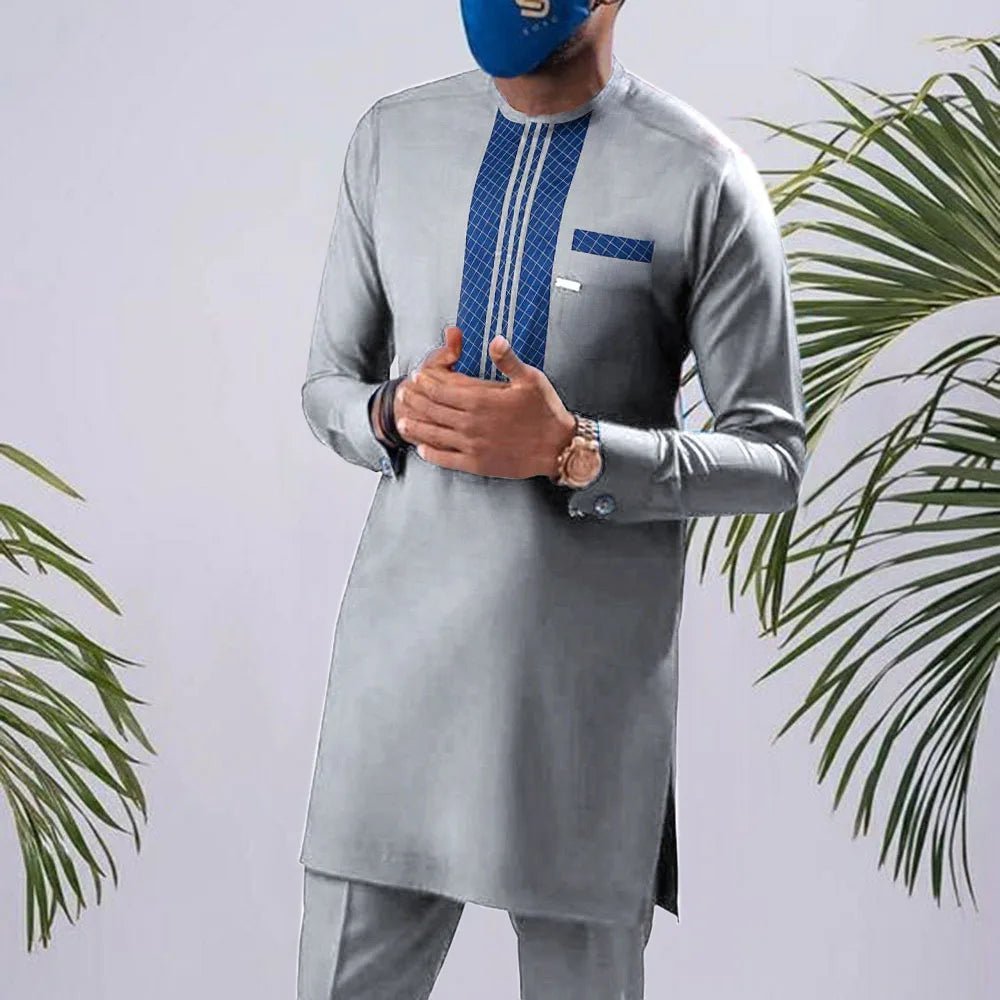 African Men's Summer Fashion – Long Sleeve O - Neck Top & Matching Pants Set, Stylish African Clothing - Free Delivery Worldwide only at Flexi Africa