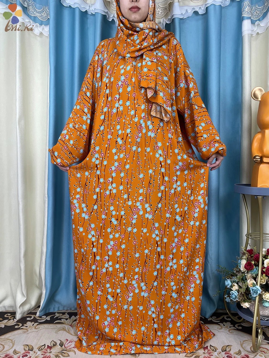 African Muslim Women Hooded Cotton Prayer Garment Kaftan With Hijab Floral Prints - Flexi Africa - www.flexiafrica.com