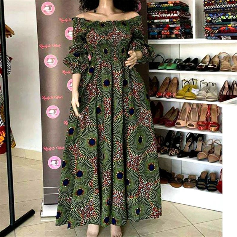 African National Print Party Dress Women Casual Sexy Slash - neck Lady Maxi Dress New Vintage Long - sleeved Loose Elegant Dresses - Free Delivery Worldwide only at Flexi Africa