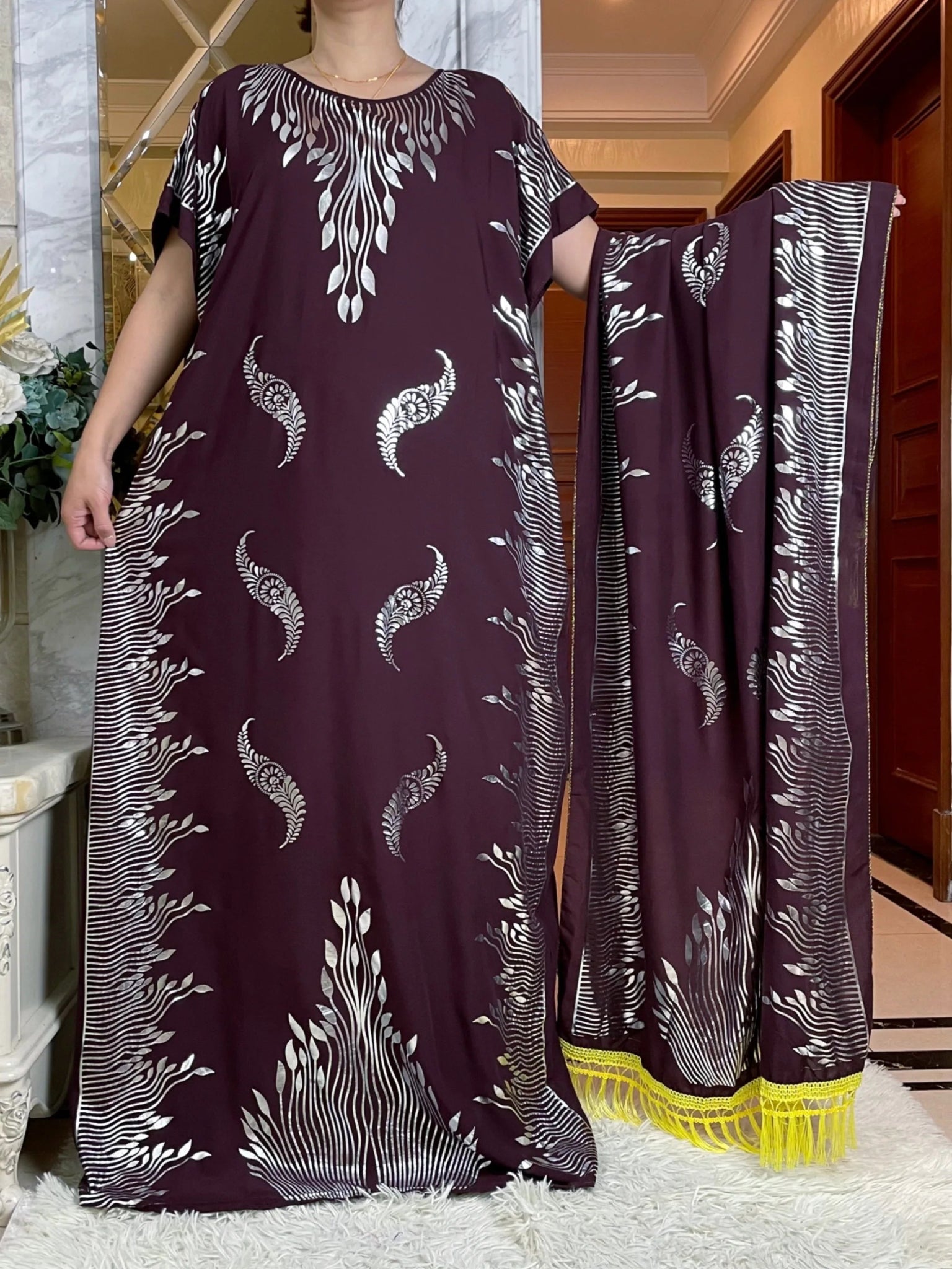 African Summer Abaya Dress: Short Sleeve Dashiki Design with Oversized Floral Scarf - Flexi Africa - www.flexiafrica.com