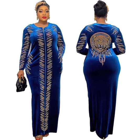 African Velvet Maxi Dress: Letter Robe Style with Sequins, O-Neck and Short Sleeves - Flexi Africa - www.flexiafrica.com