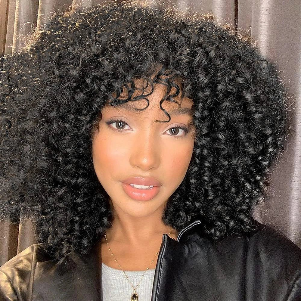 Afro Kinky Curly Human Hair Wigs with Bangs Wear to go Glueless Wig Remy Short Curly Bangs Wig Human Hair - Flexi Africa - Free Delivery Worldwide only at www.flexiafrica.com