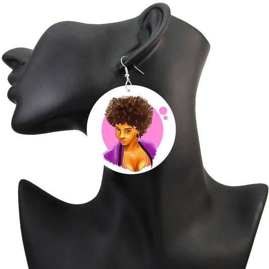 Afro Natural Hair Painted Wood Drop Earrings Lovely Baby Headwrap Woman African Queen Black Soul Art Printable Jewelry