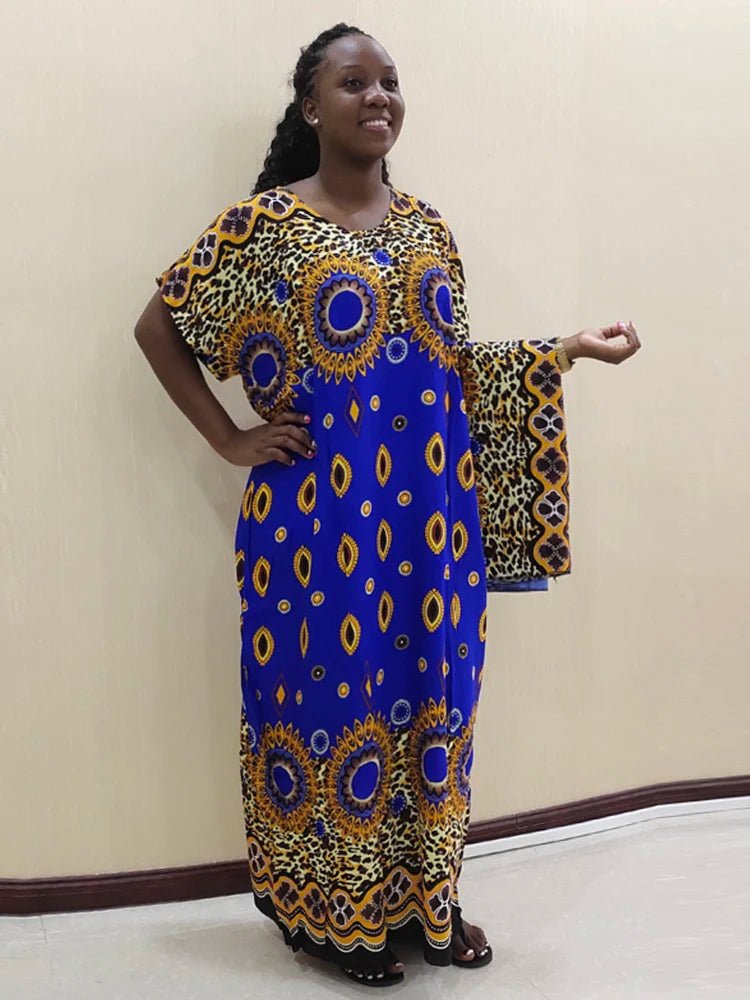 Bohemian Traditional Print Loose African Autumn Fashion Women's Dress with Scarf - Flexi Africa - Free Delivery Worldwide only at www.flexiafrica.com