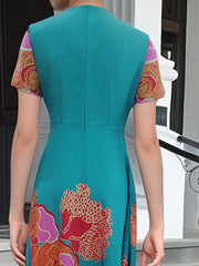 Women's Floral V-Neck A-Line Dress – Elegant Short Sleeve Flowy Dress for Spring & Summer