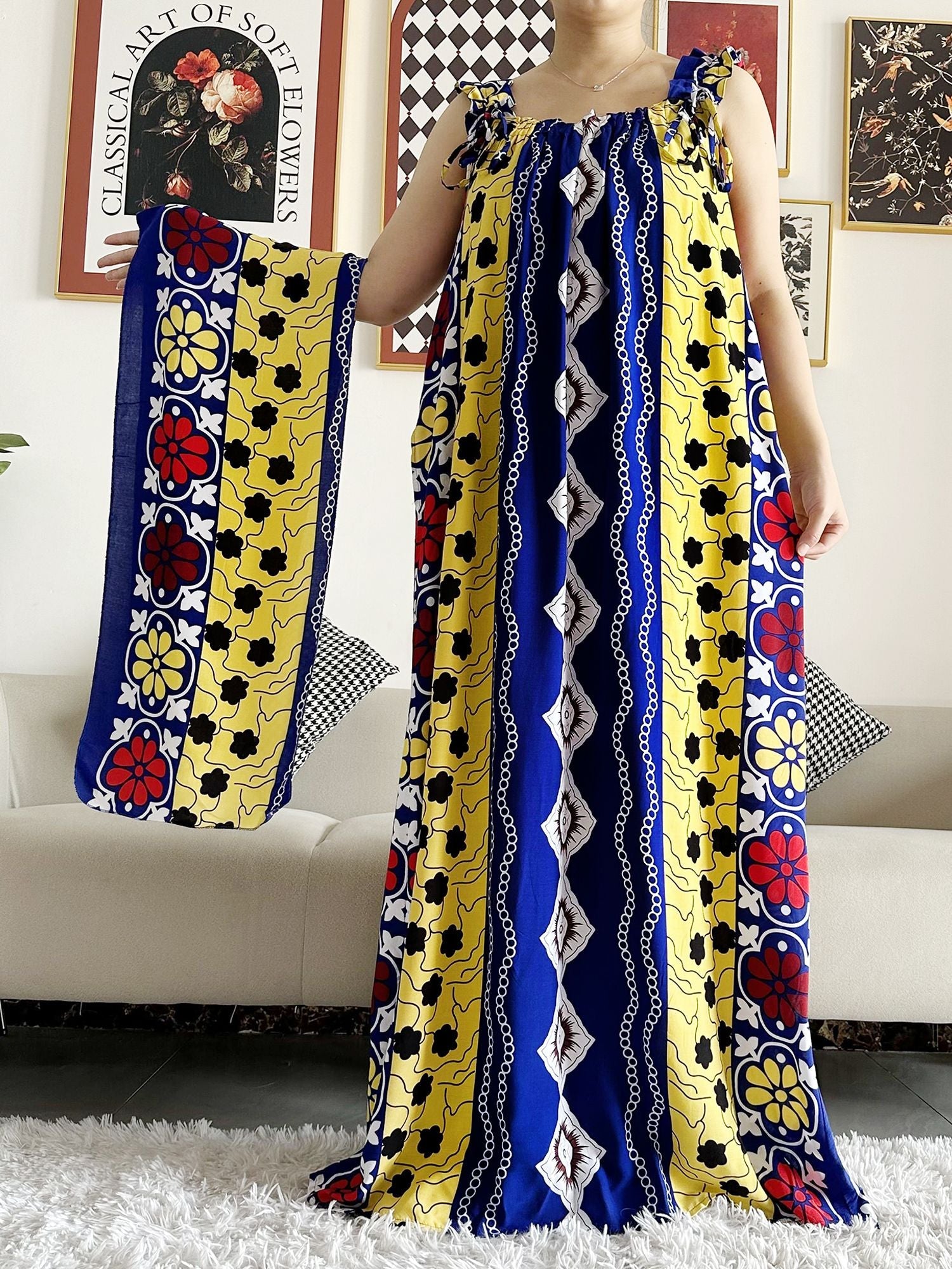 Dashiki Maxi Elegance: Sleeveless Cotton Summer Dress with Matching Scar - Flexi Africa - Flexi Africa offers Free Delivery Worldwide - Vibrant African traditional clothing showcasing bold prints and intricate designs