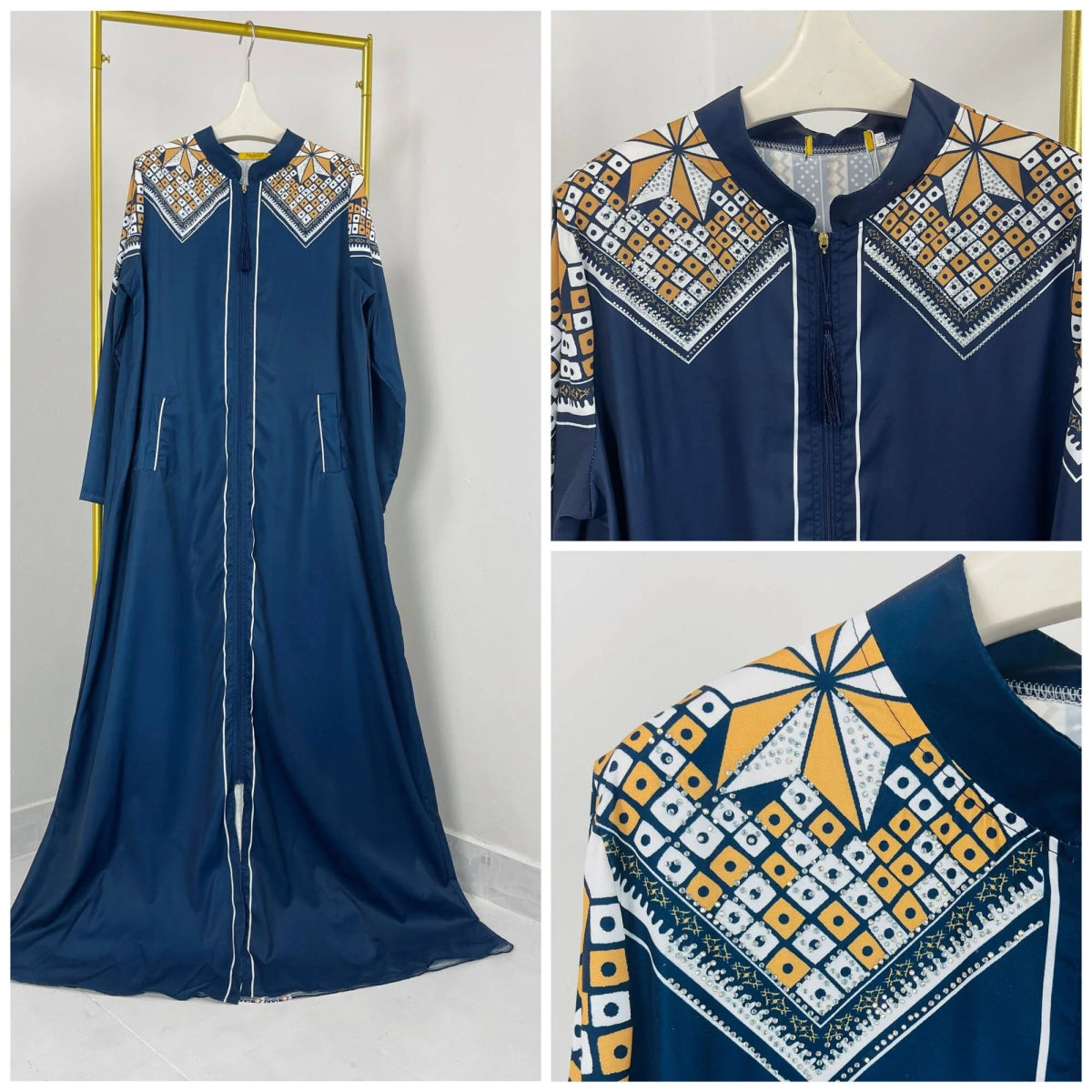 Elegant Allure: Sophisticated Chiffon Robe with Unique Diamond Print, Stylish Collar, and Decorative Tassel Zip Detail - Free Delivery Worldwide only at Flexi Africa