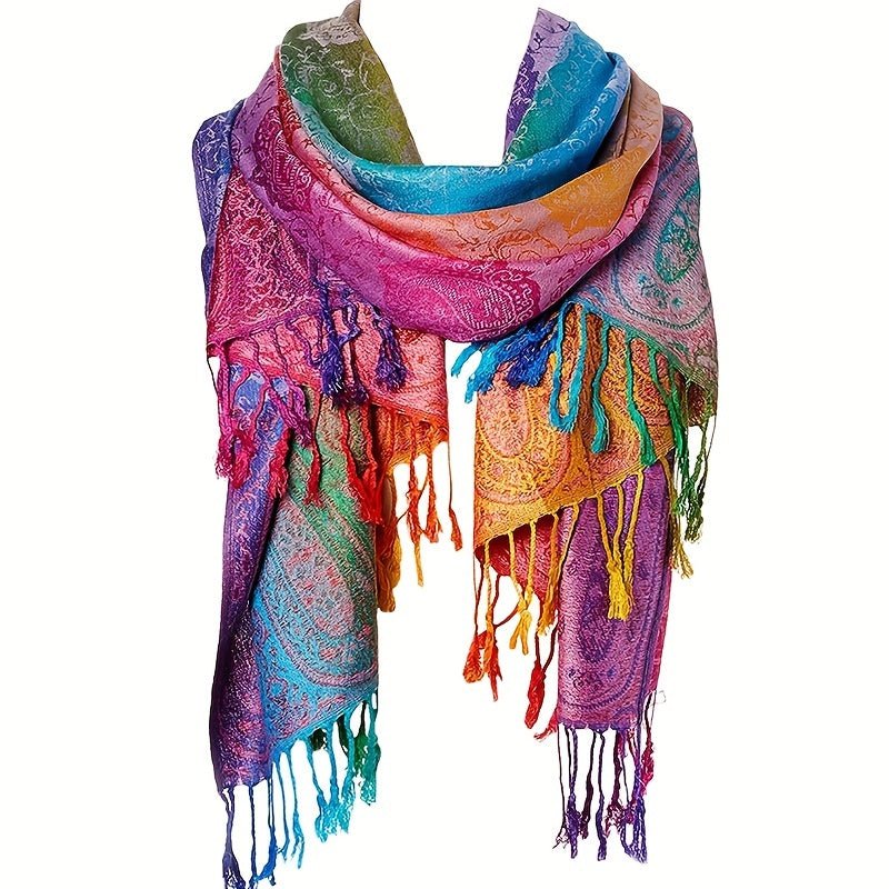 Elegant Jacquard Satin Paisley Scarf: Boho Rainbow Gradient Tassel Shawl - Trendy Windproof Warm Wrap - Free Delivery Worldwide only at Flexi Africa