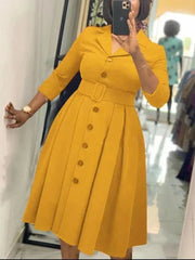 Elegant Long Sleeve Button Down A - Line Midi Office Dress with Notched Lapel and Waist Belt for Women - Free Delivery Worldwide only at Flexi Africa