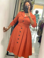 Elegant Long Sleeve Button Down A - Line Midi Office Dress with Notched Lapel and Waist Belt for Women - Free Delivery Worldwide only at Flexi Africa