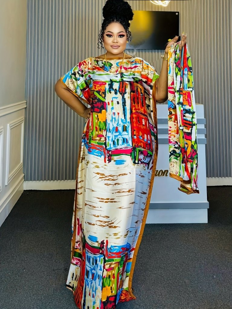 Elegant Plus Size Abstract Kaftan Maxi Dress – Flowy Batwing Sleeves & Timeless Chic - Free Delivery Worldwide only at Flexi Africa