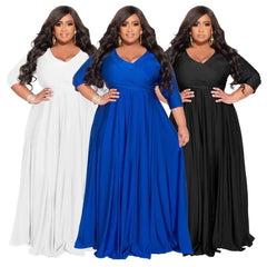 Elegant Polyester African Maxi Dress for Women - V - neck, Three Quarter Sleeve - Flexi Africa - Free Delivery Worldwide only at www.flexiafrica.com
