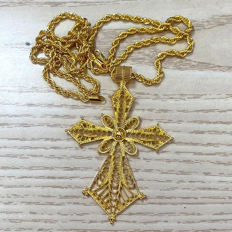 Ethiopian Cross Pendant Necklace with 80cm Twisted Chain – Gold Color African Wedding Party Jewelry Gift - Free Delivery Worldwide only at Flexi Africa