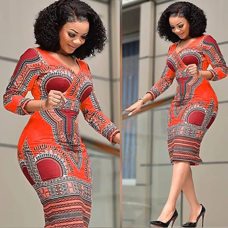 Ethnic Print V-neck Dress: Stylish Package Hip Skirt with A-line Silhouette - Women's Fashion - Flexi Africa - Flexi Africa offers Free Delivery Worldwide - Vibrant African traditional clothing showcasing bold prints and intricate designs
