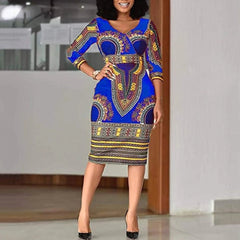 Ethnic Print V-neck Dress: Stylish Package Hip Skirt with A-line Silhouette - Women's Fashion - Flexi Africa