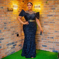 Exquisite African Evening Dresses: Mesh 3D Embroidery, Rhinestone Sequin Belt, and Luxury Elegance - Flexi Africa - Flexi Africa offers Free Delivery Worldwide - Vibrant African traditional clothing showcasing bold prints and intricate designs