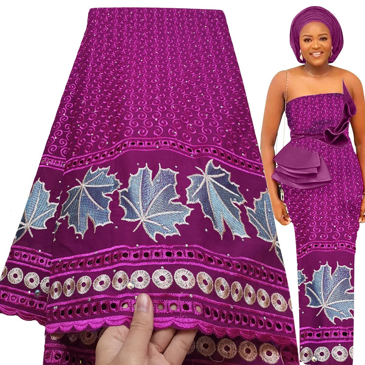 Exquisite Nigerian Party Stone Embroidery Gown: Fashion's 100% Cotton Voile Lace Fabric 2.5 Yards - Flexi Africa