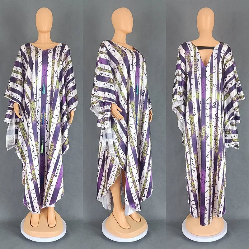 Dashiki Inspired Maxi Dress: Women's Batwing Sleeve V-Neck with Tassel Stripe Print, Perfect for Parties - Flexi Africa