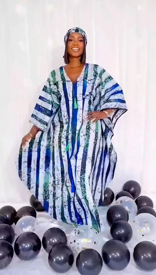 Dashiki Inspired Maxi Dress: Women's Batwing Sleeve V-Neck with Tassel Stripe Print, Perfect for Parties - Flexi Africa