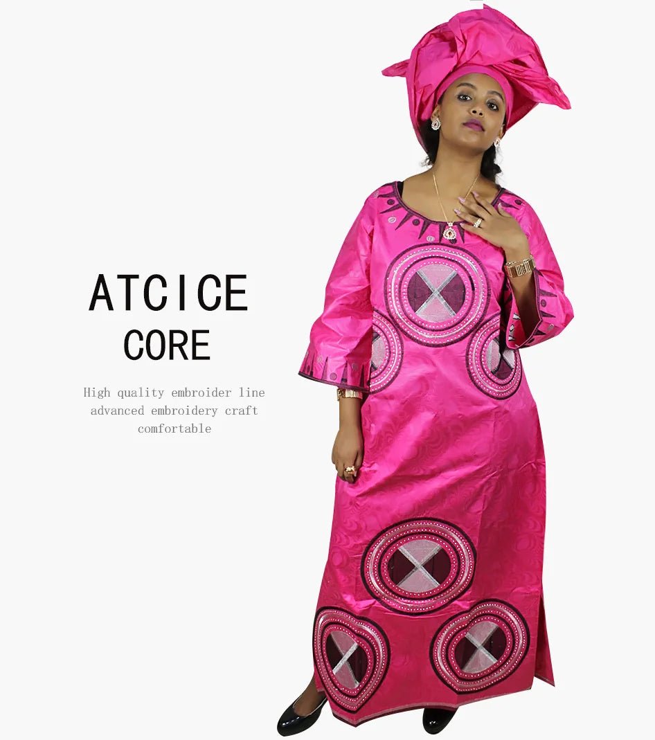 Fashionable African Dresses for Women: Bazin Riche Embroidery Long Dress with Matching Scarf - Free Delivery Worldwide only at Flexi Africa