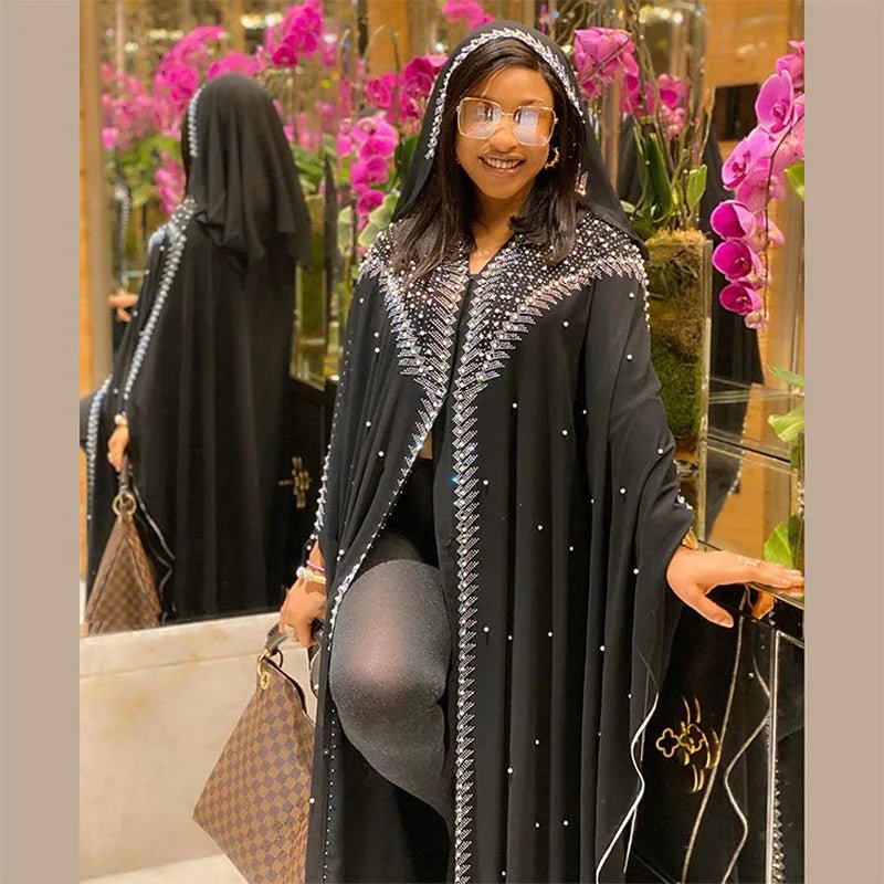 Femme Diamonds Chiffon African Dresses for Women 2024 Hooded Traditional Clothing Dubai Abaya Kaftan Africa Dashiki Robe Gown - Free Delivery Worldwide only at Flexi Africa